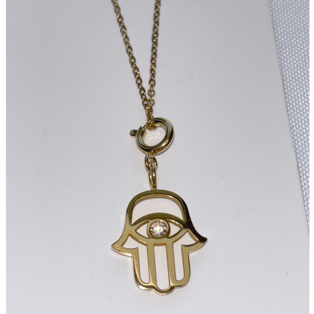 Necklace Gold Tone Metal Hamsa Hand Spring Ring Clasp Symbolic Charm New